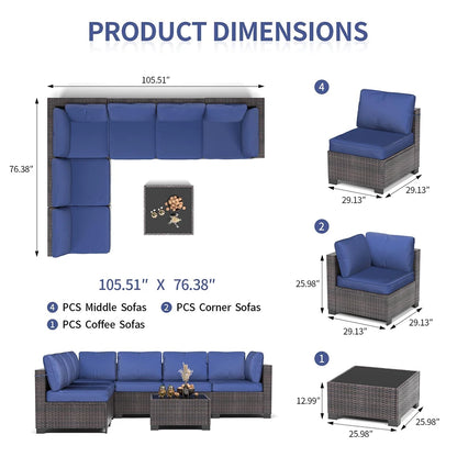 7-Piece PE Rattan Sectional Patio Set, Wicker Outdoor Sofa With Cushions & Glass Coffee Table