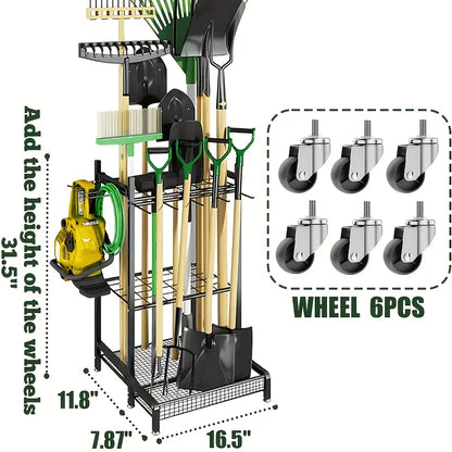 garden tool rack, patio tool tower, garage organization and storage, heavy-duty steel garden tool rack