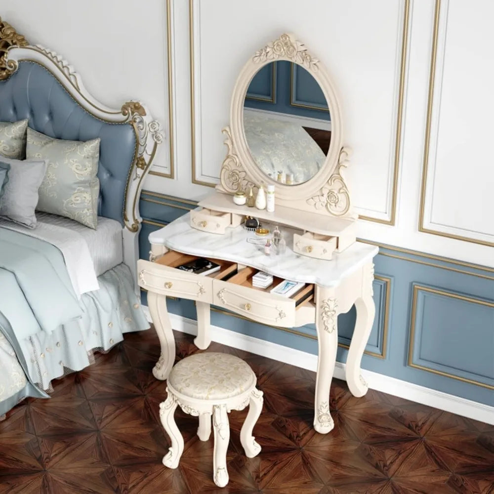 LED Makeup Vanity Desk with 3-Color Light Mirror, Storage Drawers & Stool, White Dressing Table