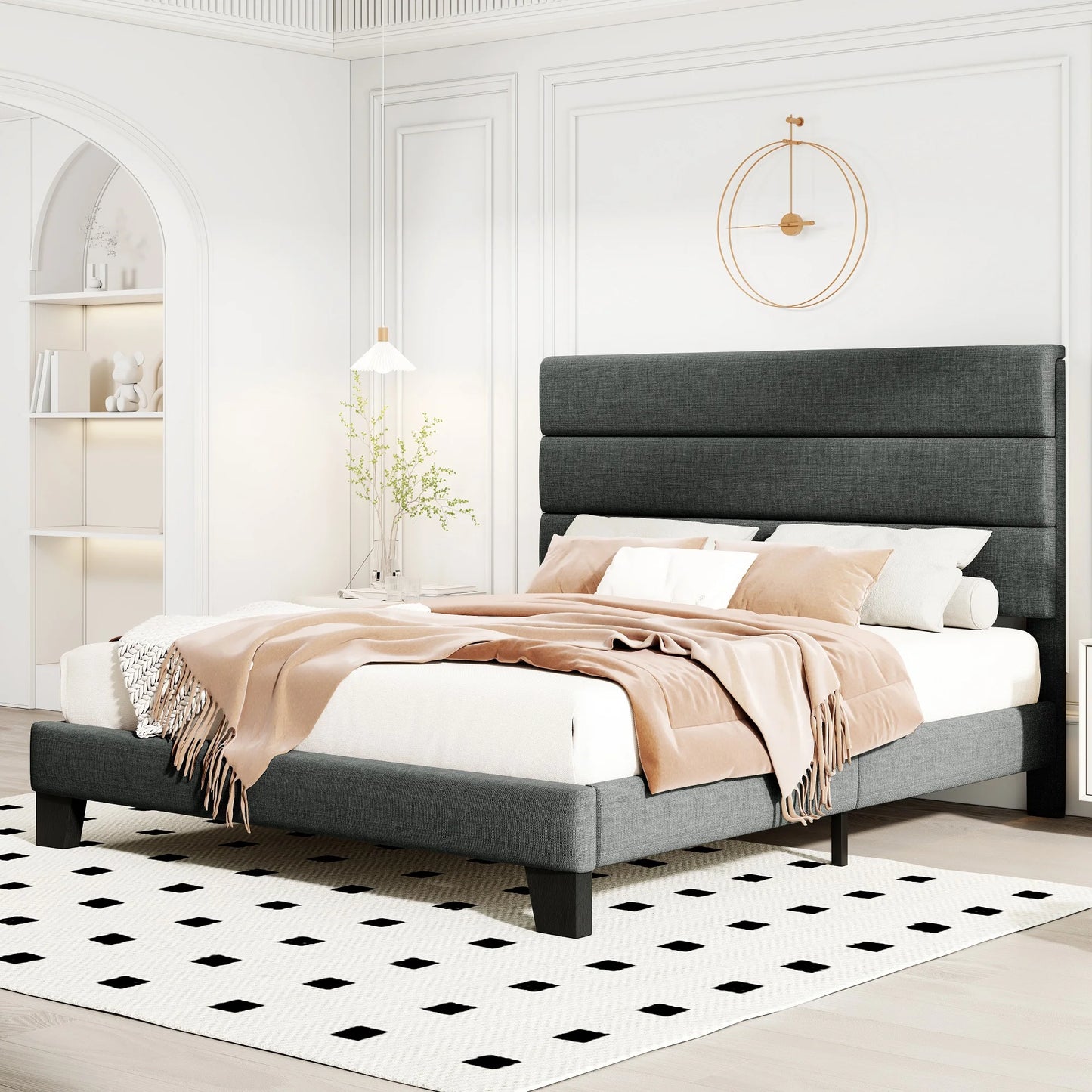 Bed Frame with Headboard, Fabric Platform Bed, Strong Wood Slats Support Panel Bed Mattress Foundation
