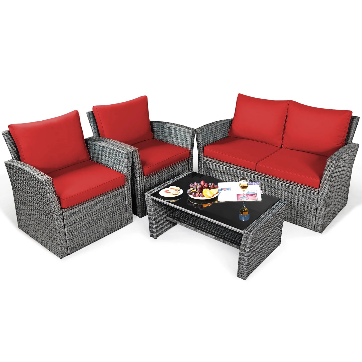 4PCS Patio Rattan Furniture Set Sofa Table W/Storage Shelf Red Cushion