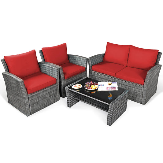 4PCS Patio Rattan Furniture Set Sofa Table W/Storage Shelf Red Cushion