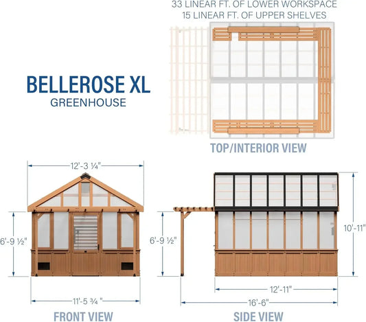 XL 13' x 11' Cedar Wood and Polycarbonate Walk-in Greenhouse Kit with Pergola, Exhaust Fan, Windows, Hose Hook-Ups, Portable