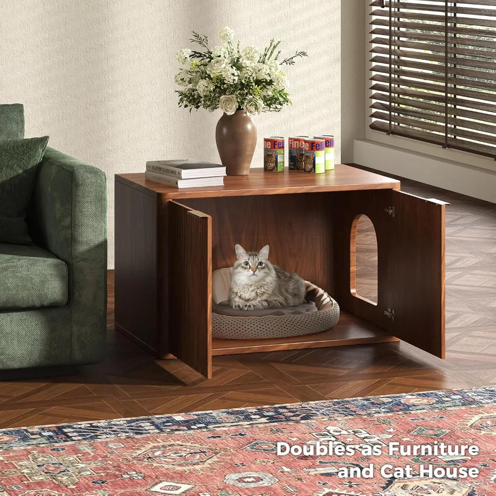 31.5" Walnut Cat Litter Box Enclosure Furniture, Hidden Cabinet, End Table for Living Room