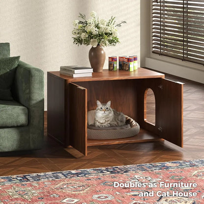 31.5" Walnut Cat Litter Box Enclosure Furniture, Hidden Cabinet, End Table for Living Room