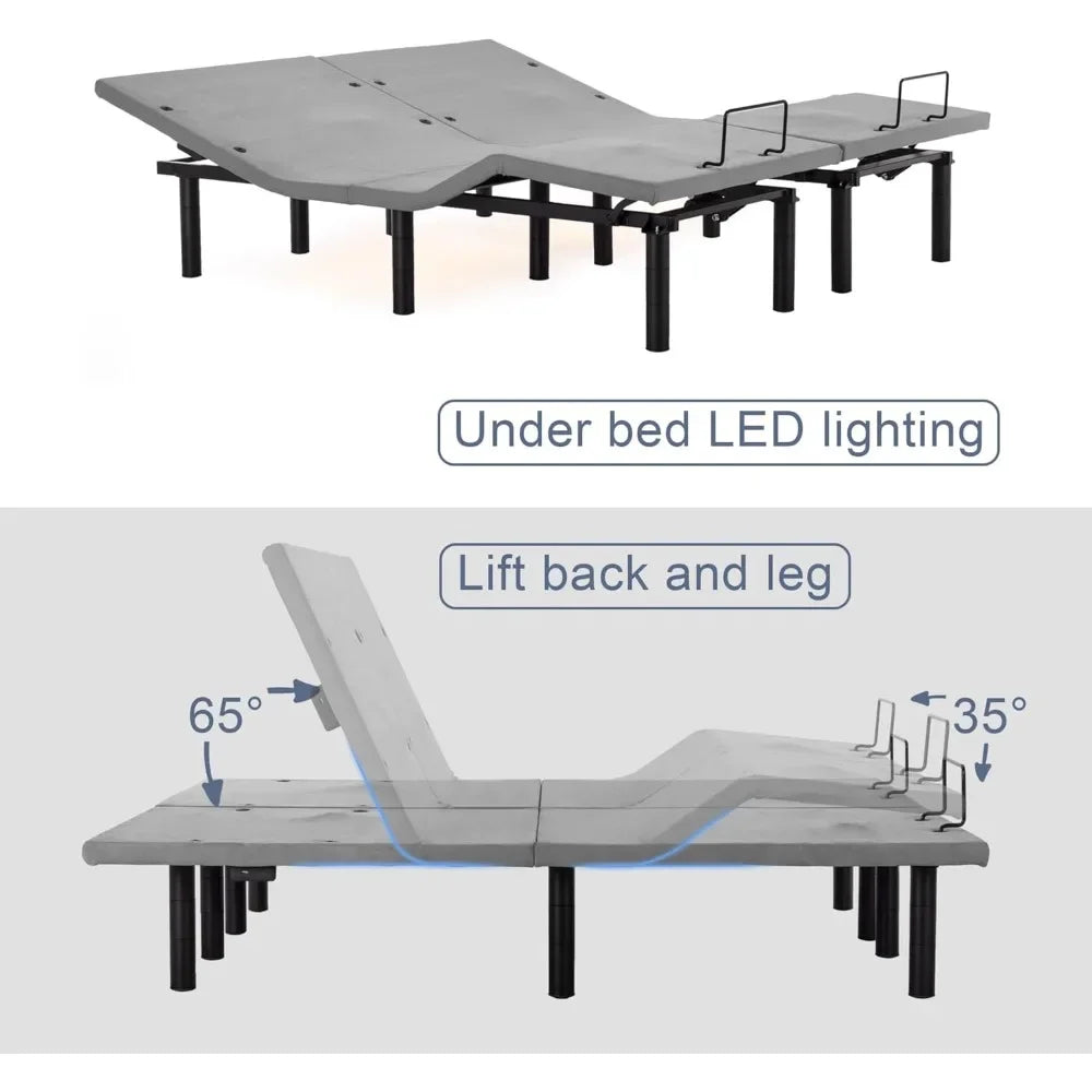 Adjustable Electric Split King Bed Base Frame with Massage, USB Type-C Ports, Zero Gravity, Under Bed Led Lighting
