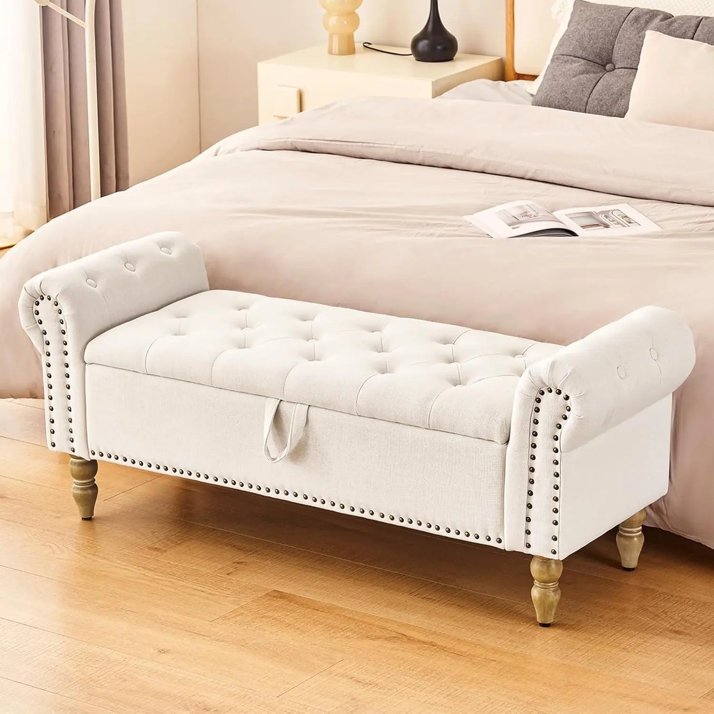 Storage Bedroom Bench for End of Bed, Faux Linen Upholstered Storage Ottoman with Rolled Arms for Bedroom,Living Room