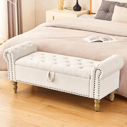Storage Bedroom Bench for End of Bed, Faux Linen Upholstered Storage Ottoman with Rolled Arms for Bedroom,Living Room