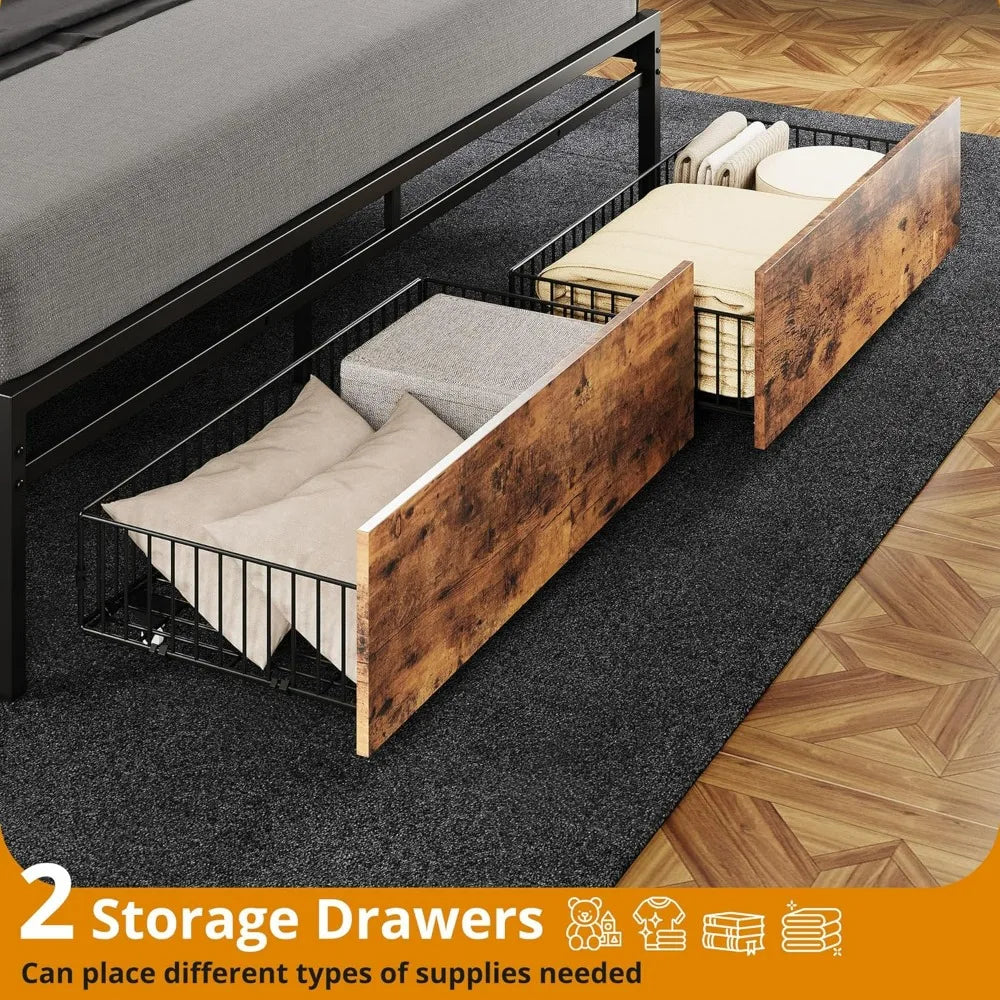 California king platform bed frame with storage headboard drawers included, no box spring required