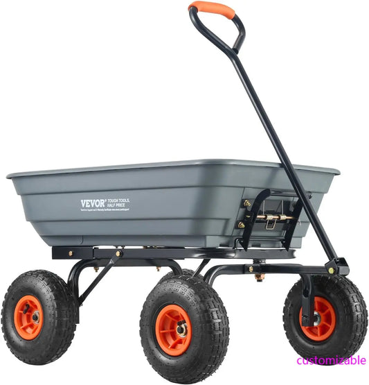 4 Cu.Ft. 600lbs Poly Garden Cart Dump Wagon, Heavy Duty Yard Dump Cart Wagon, 4 Wheel Wheelbarrow with 10in All Terrain Wheels
