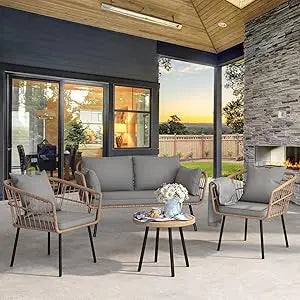 4-Piece Wicker Patio Furniture Set, All Weather PE Rattan, Sectional Sofa with Soft Cushions & Side Table