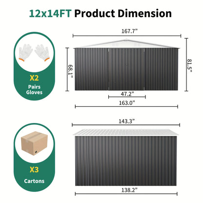 10x12/12x14FT Galvanized Steel Storage Shed Heavy Duty Lockable Hasp Door Black/White Roof Garden Tool Shed