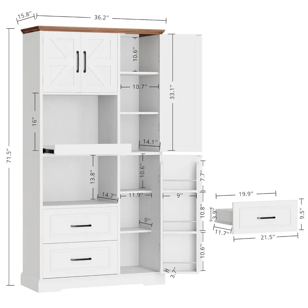 Farmhouse Kitchen Pantry Cabinet,  Hutch, Tall Food Pantry Cabinet with Storage Drawers