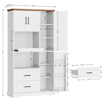 Farmhouse Kitchen Pantry Cabinet,  Hutch, Tall Food Pantry Cabinet with Storage Drawers