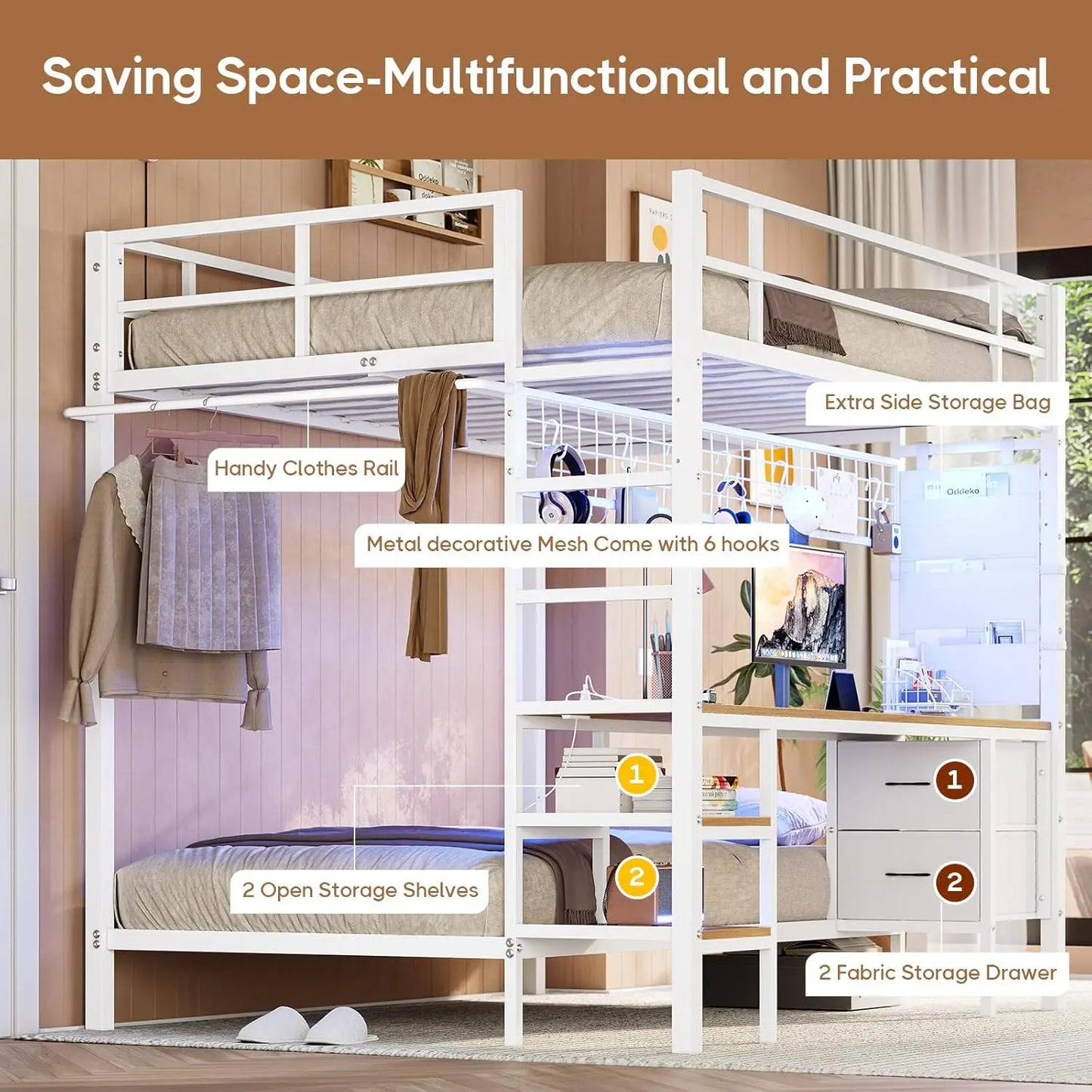 Full Over Twin Bunk Bed with Desk and Led Lights Metal Loft Bed Frame with Charging Station,Storage Shelves and Drawers