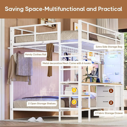 Full Over Twin Bunk Bed with Desk and Led Lights Metal Loft Bed Frame with Charging Station,Storage Shelves and Drawers