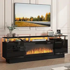 Fireplace TV Stand with 36" Electric Fireplace, 70" LED Light Entertainment Center with Storage,2 Tier Modern Wood Media TV Console