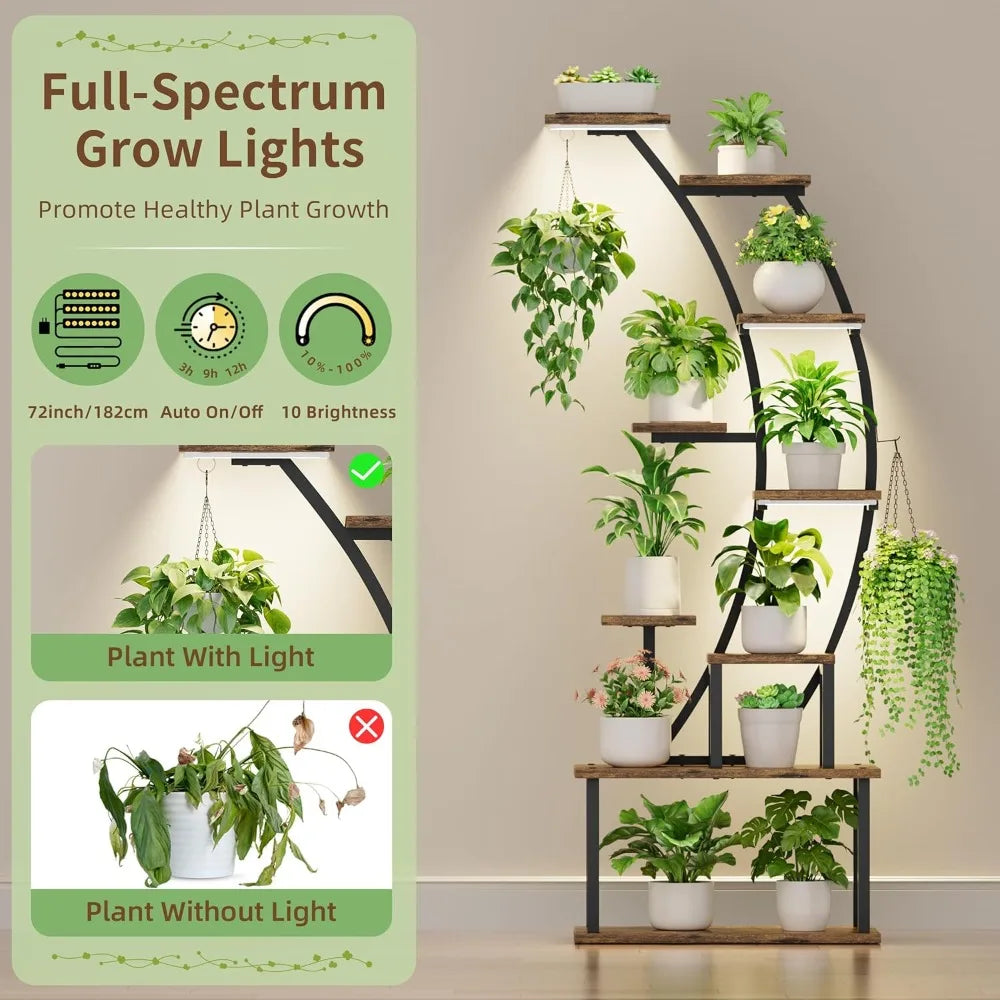 Plant Stand Indoor with Grow Lights, 9 Tiered Metal Plant Shelf, 63" Tall Plant Stand for Indoor Plants