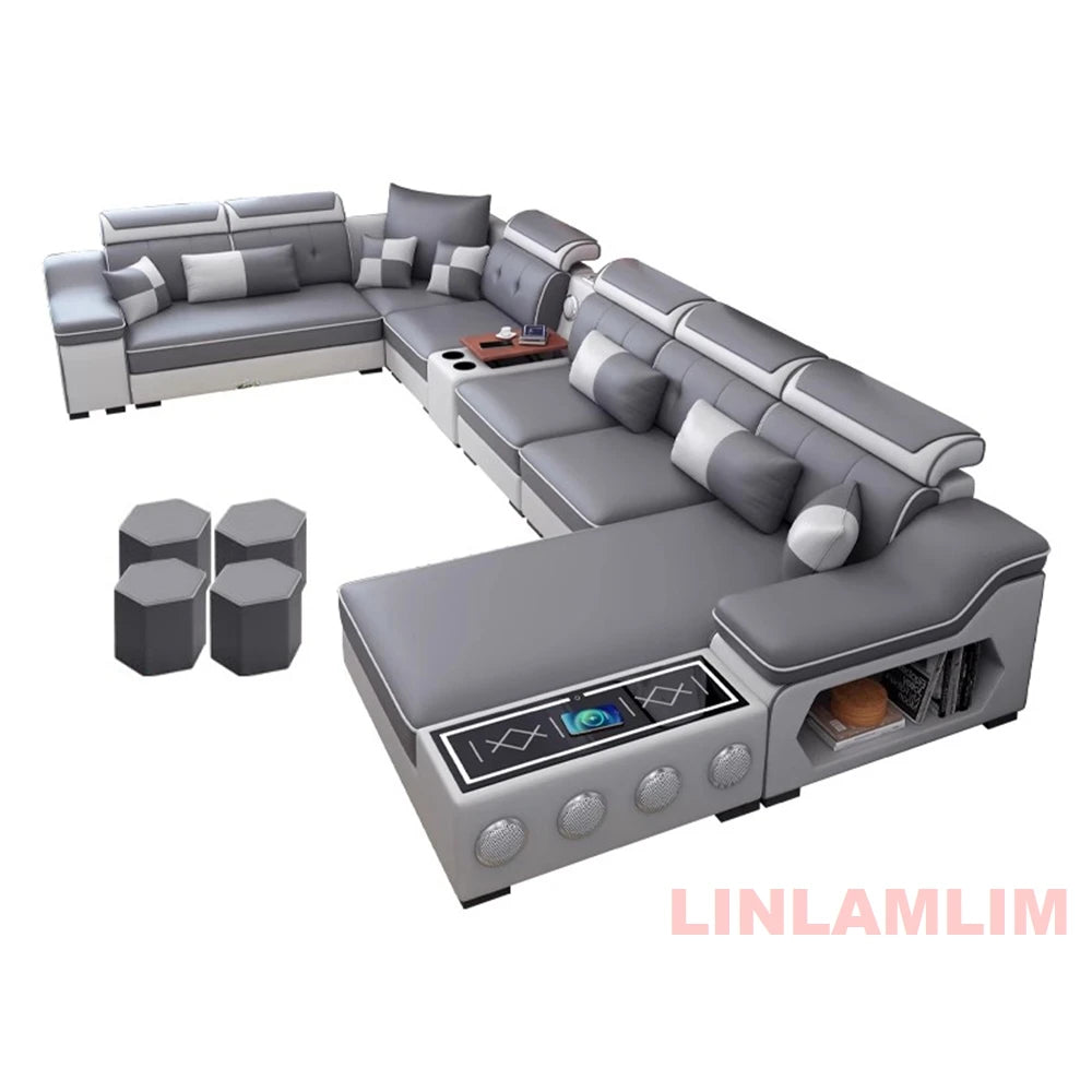 Sectional Sofa Set with Chaise Lounge, Bluetooth Speakers, and USB Charging Ports