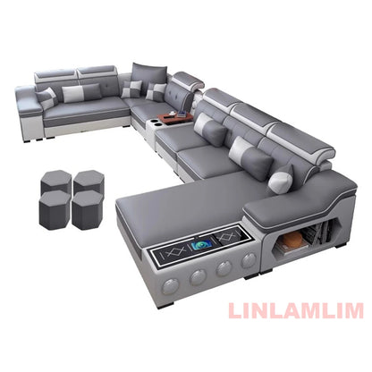 Sectional Sofa Set with Chaise Lounge, Bluetooth Speakers, and USB Charging Ports
