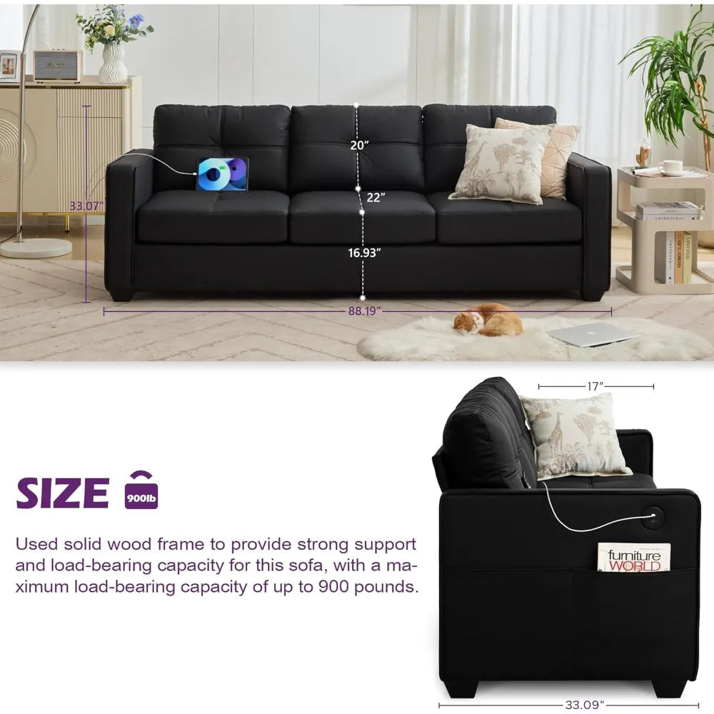 88" W Faux Leather Sofa – for Living Room, Comfy Small Loveseat with USB Port & Wide Armrests