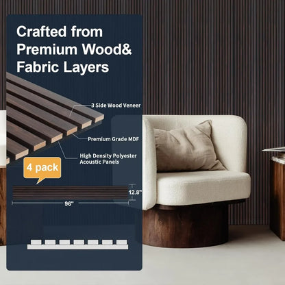 Wood Panels for Wall, 4-Piece 96" x 12.6" Soundproof Wood Slat Wall Panel for Interior Wall Decor Noise Cancelling