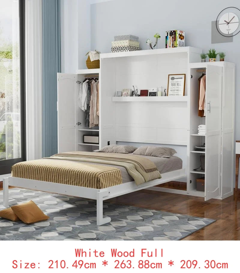 Full Size Murphy Bed with 2 Wardrobes & Storage Shelves, Multifunctional Foldable Platform Bed Frame for Guest Room & Bedroom,