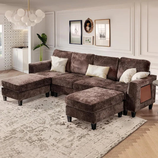 118" U-Shaped Sectional Couch, 4-Seat Modular Sofa with 2 Ottomans and Foldable Side Table