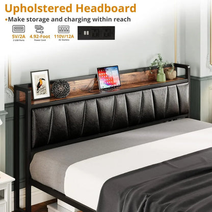 California king platform bed frame with storage headboard drawers included, no box spring required