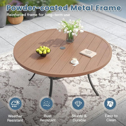 11 Pieces Outdoor Patio Dining Set, 10 Brown Stackable Padded Chairs, Walnut Round Metal Dining Table
