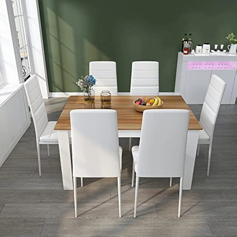 Dining Table and Chairs, Kitchen Table with 6 High Back Faux Leather Chairs