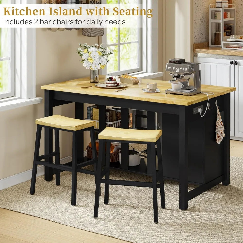 47" Kitchen Island with Storage, Seating - Includes 2 Bar Stools, Trash Can Cabinet, Drawers & Shelves