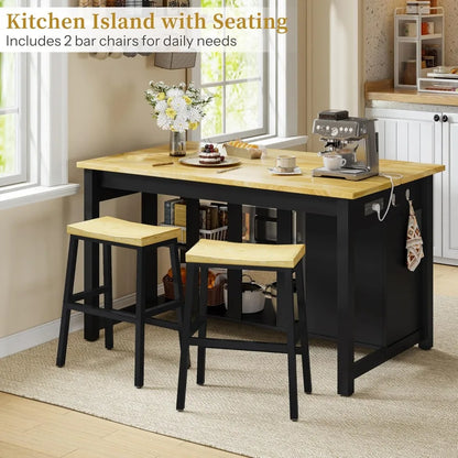47" Kitchen Island with Storage, Seating - Includes 2 Bar Stools, Trash Can Cabinet, Drawers & Shelves