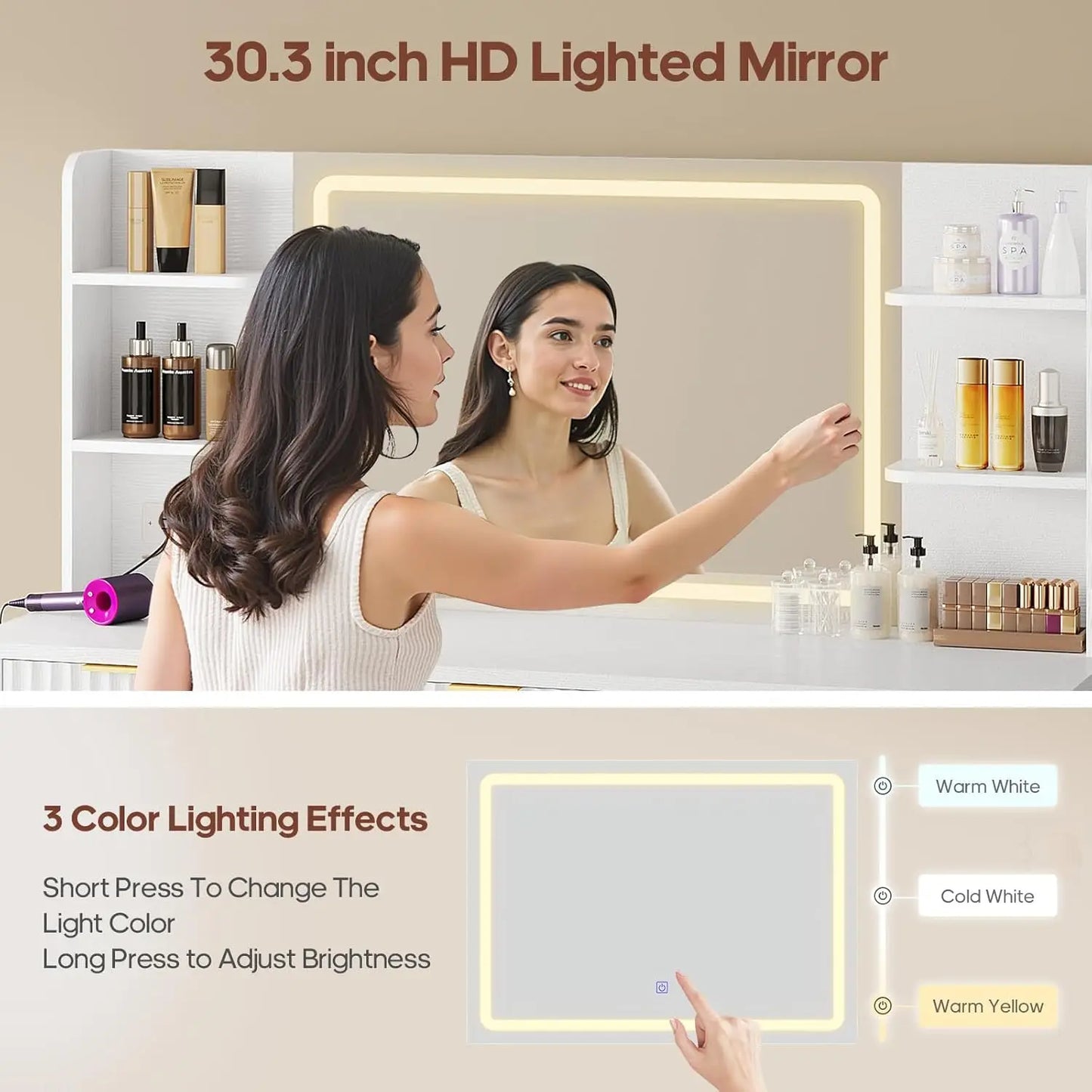 51.2" Fluted Makeup Vanity Desk, 5 Drawer , 6 Open Shelves, Modern Dressing Table-White