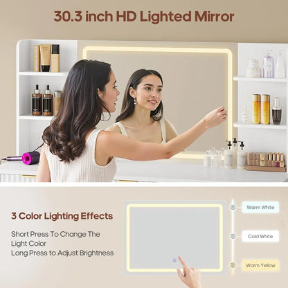 51.2" Fluted Makeup Vanity Desk, 5 Drawer , 6 Open Shelves, Modern Dressing Table-White