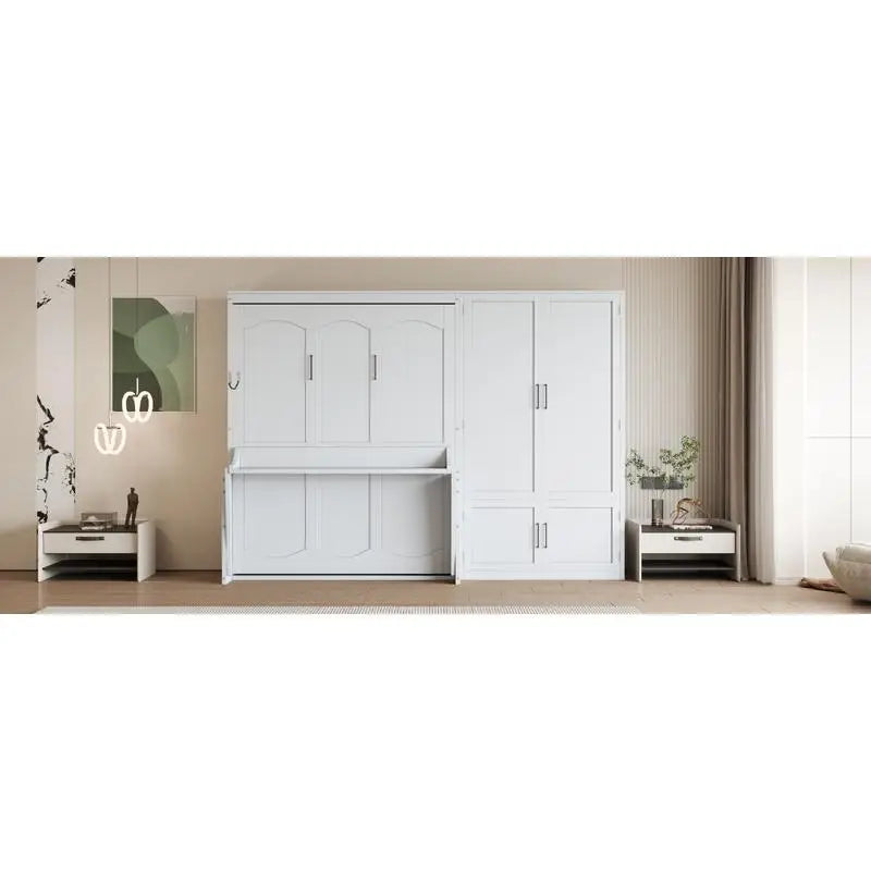 Queen Size Murphy Bed Wall Bed with Closet - White, Space-Saving Design, Ideal for Small Living Areas,