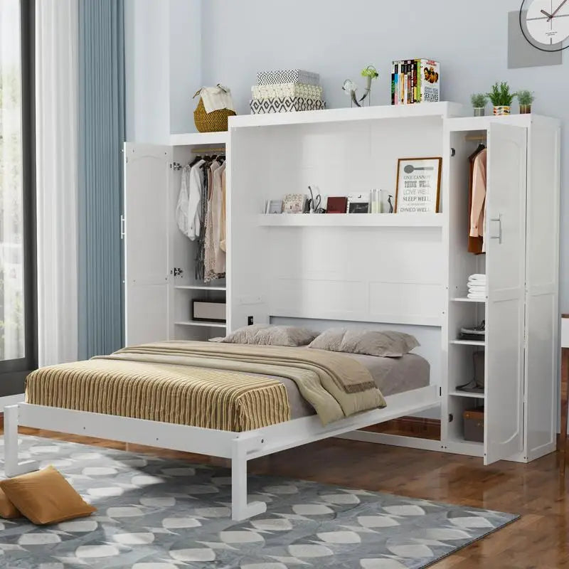 Queen Size Murphy Bed with 2 Wardrobes and Storage Shelf, Multifunctional Foldable Bed Frame