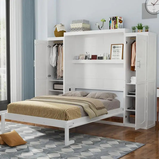 Queen Size Murphy Bed with 2 Wardrobes and Storage Shelf, Multifunctional Foldable Bed Frame