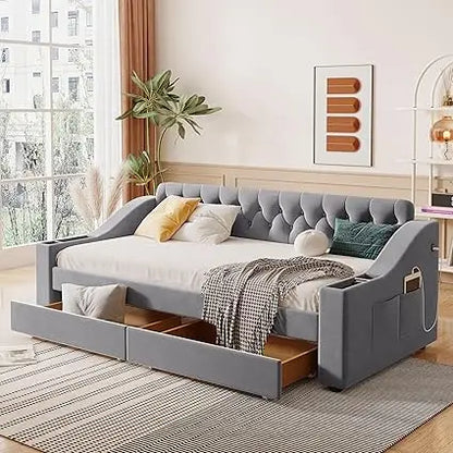 Twin Size Daybed with Upholstered Storage Armrests, USB Charging Port, and Wood Slat Support, Including 2 Drawers
