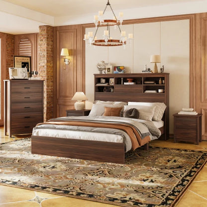 4PCS Bedroom Sets, Wooden Queen Size Bed Frame , 2 Nightstands with 2 Drawers, 1 Dresser with 5 Drawers