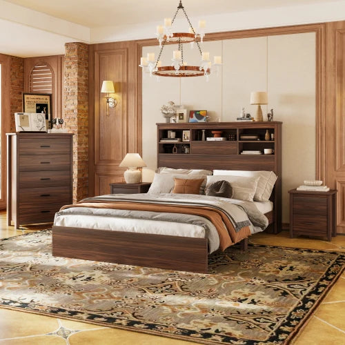 4PCS Bedroom Sets, Wooden Queen Size Bed Frame , 2 Nightstands with 2 Drawers, 1 Dresser with 5 Drawers