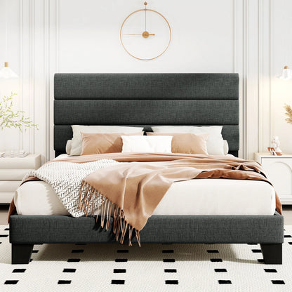 Bed Frame with Headboard, Fabric Platform Bed, Strong Wood Slats Support Panel Bed Mattress Foundation