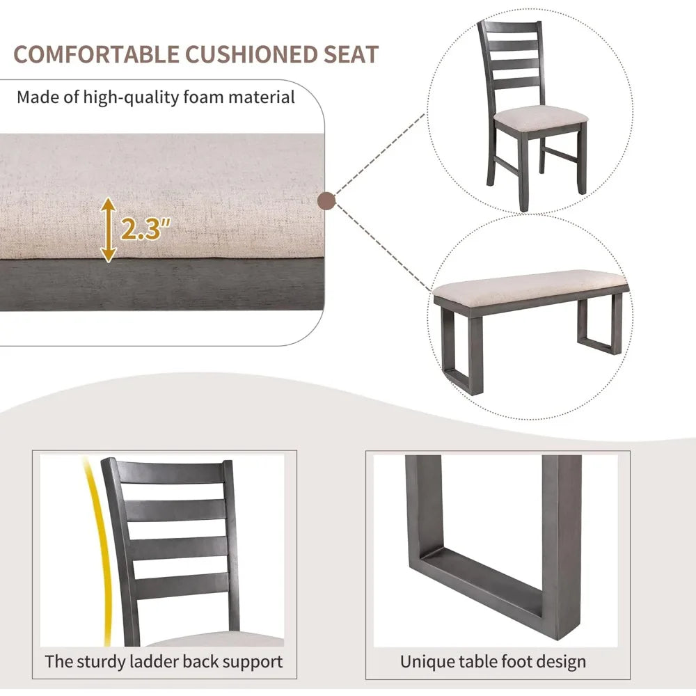 6 piece dining table set, kitchen table set with upholstered dining chairs and tufted bench