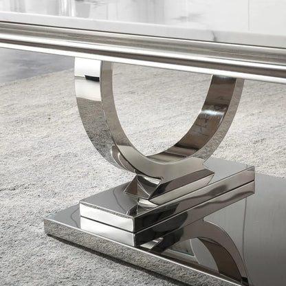 Marble Coffee Table, White and Silver with U-Shape Stainless Steel Base with Silver Mirrored Finish