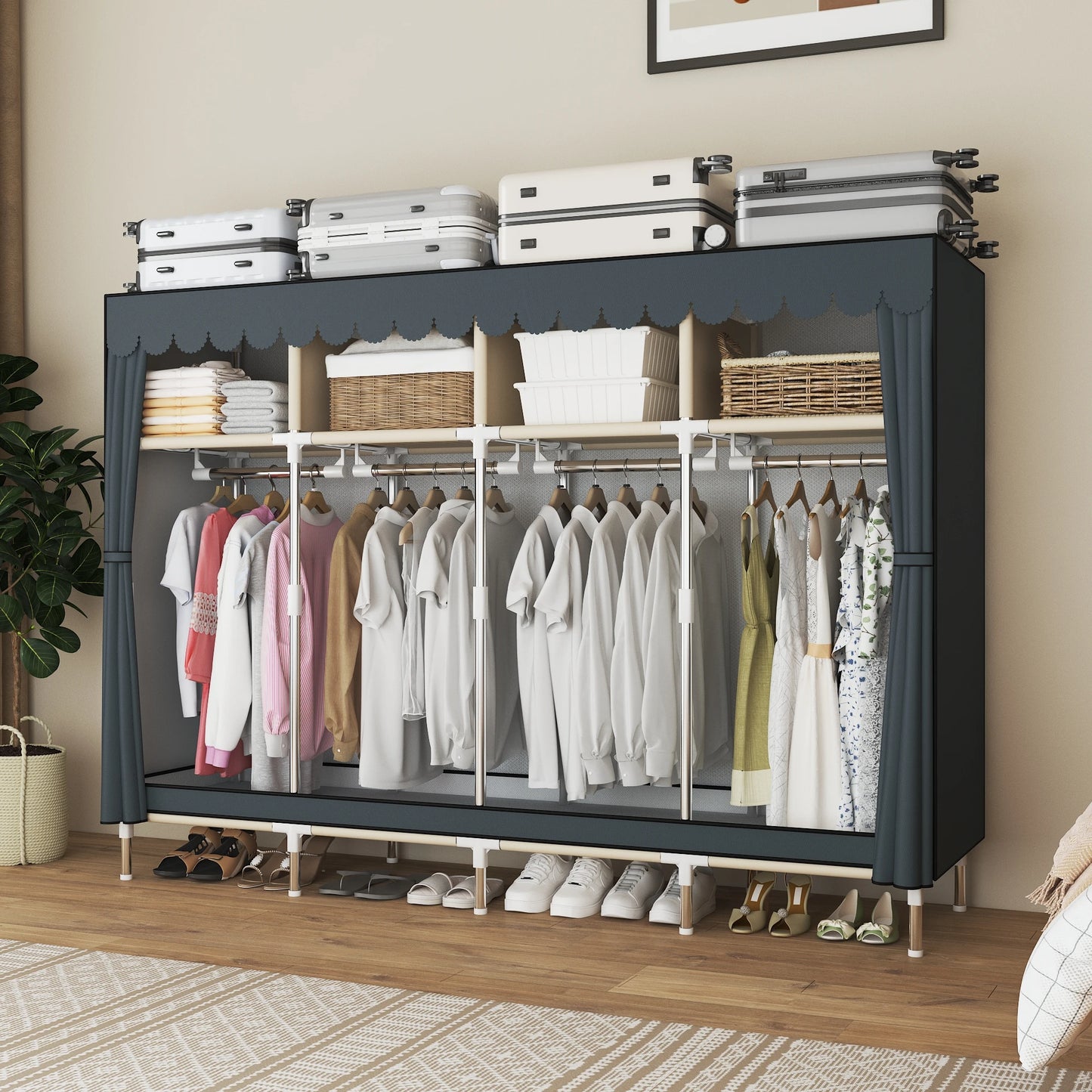 79 Inch Wide Walk-in Closet with Drawers, Large Portable Wardrobe with Included Dust Cover, Storage