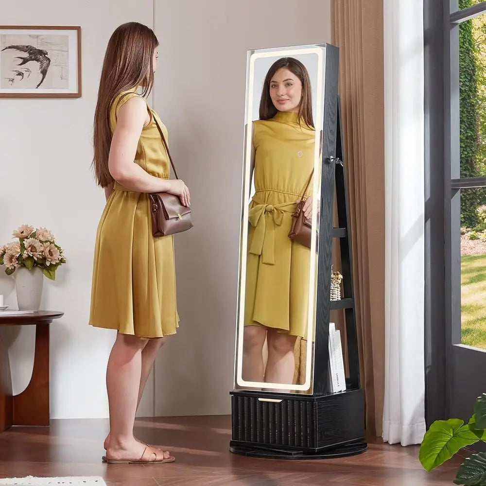 360° Swiveling Lockable Jewelry Cabinet with Mirror, LED Lights, and Storage Drawers