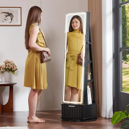 360° Swiveling Lockable Jewelry Cabinet with Mirror, LED Lights, and Storage Drawers