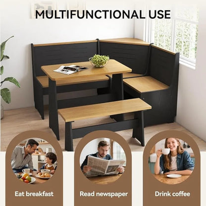 Breakfast Nook, Corner Dining Table Kitchen Bench Chair Set, Space-Saving, Reversible L-Shape
