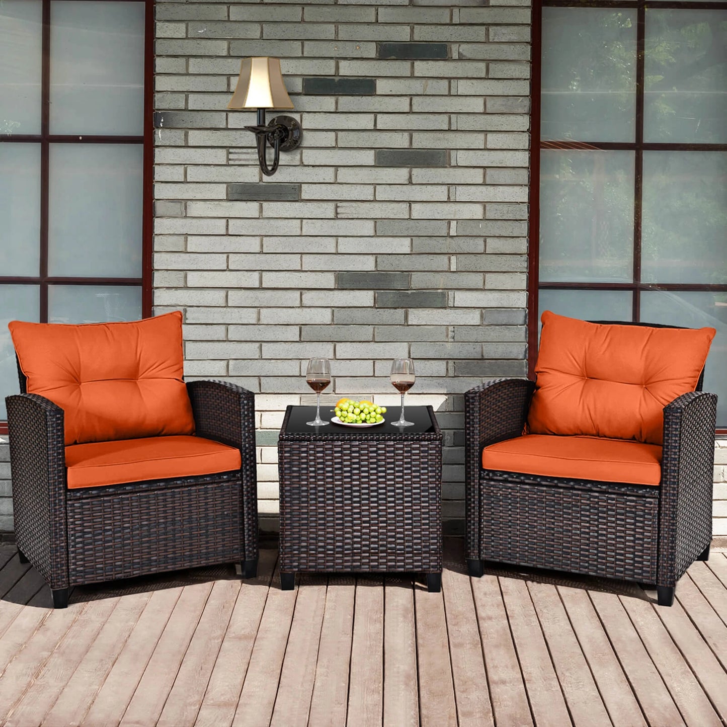 3 PCS Patio Rattan Furniture Set Cushioned Conversation Set