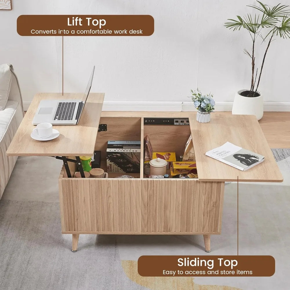 Square Coffee Table, 35” Lift Top Coffee Table with Storage, Fluted Coffee Tables with Lifting Top